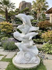 Hand-Carved Natural White Marble Dolphin Family Statue - 47