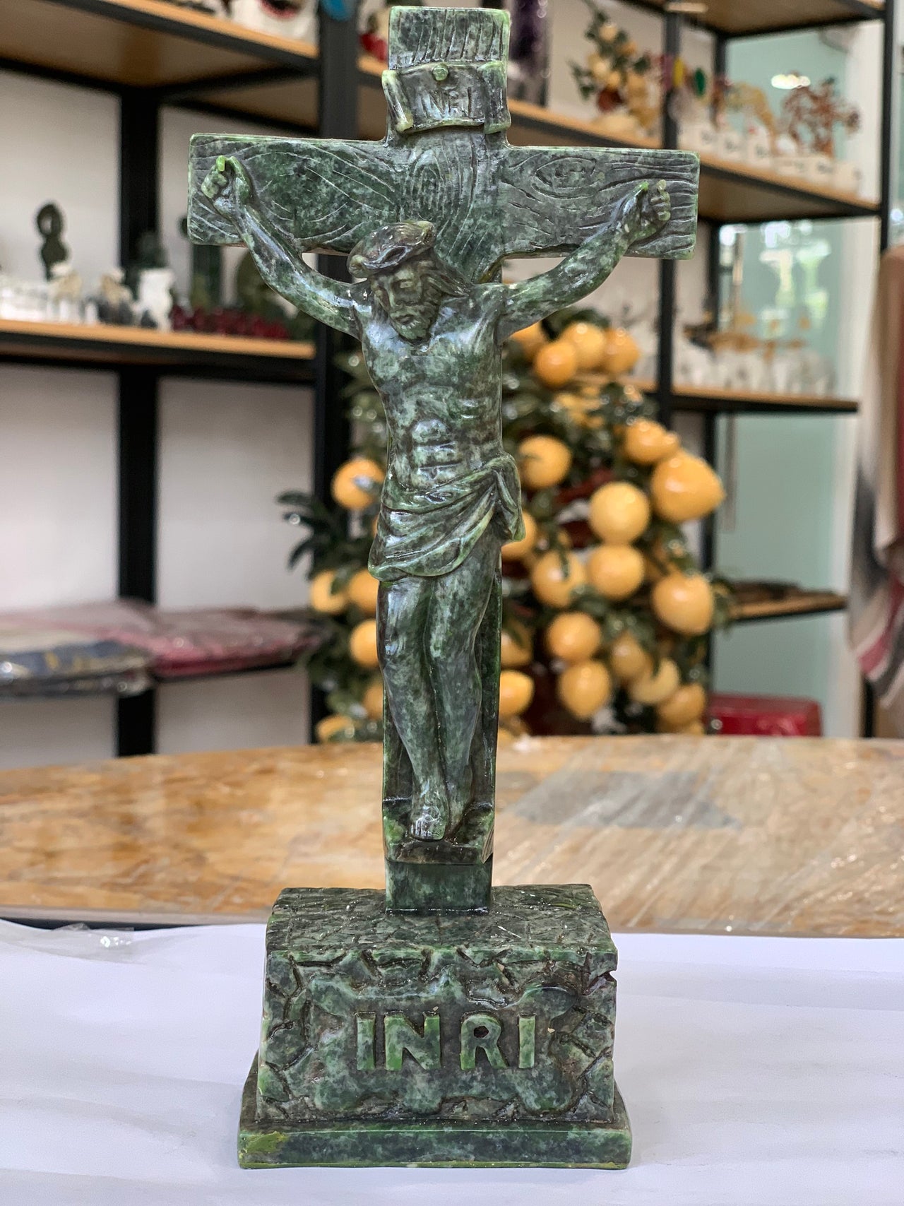 Hand-Carved Natural Gemstone Jesus Christ on Crucifix Cross Statue - 8.7" Tabletop Catholic Crucifix Sculpture (Included Express Air Shipping)
