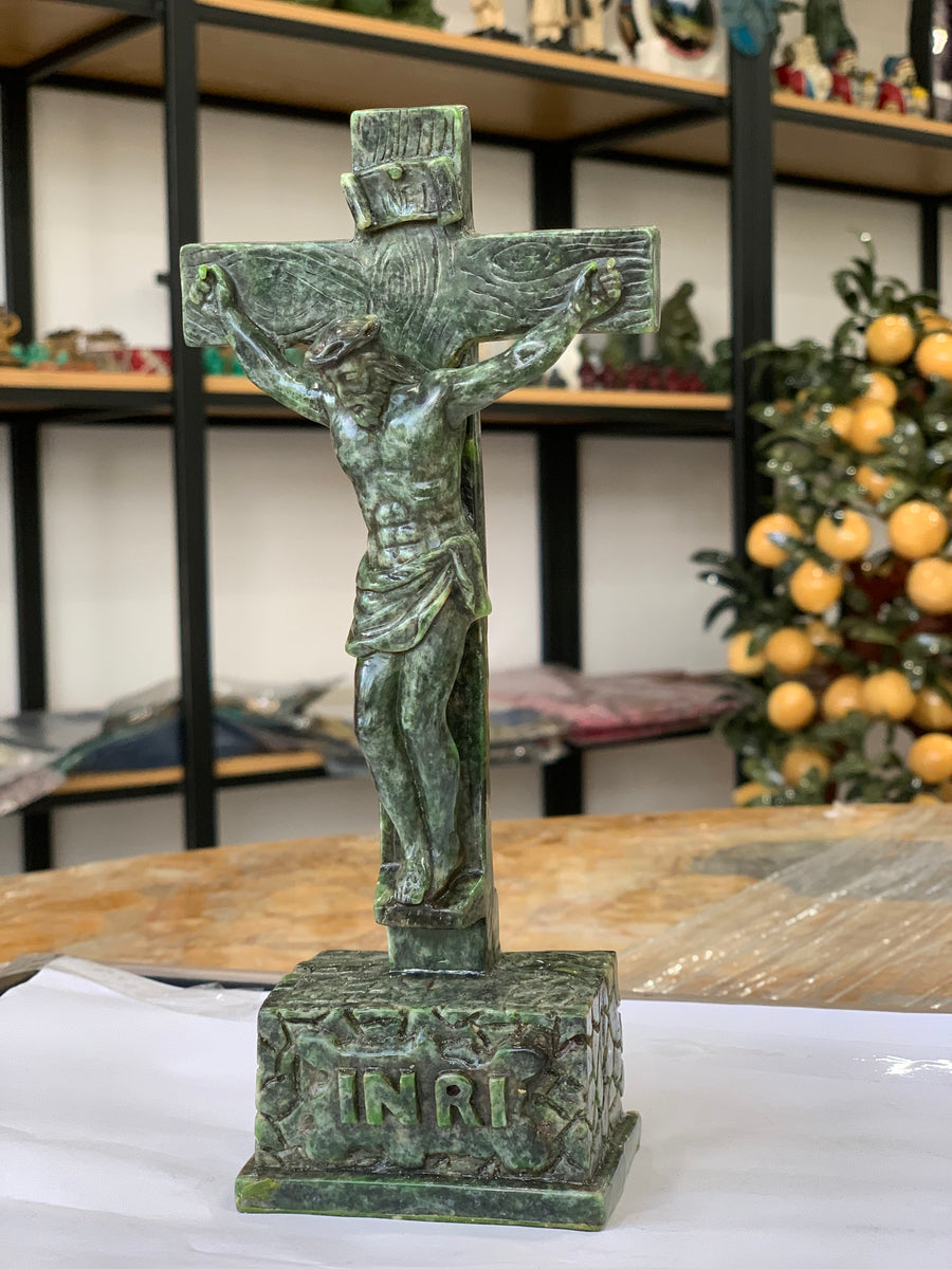 Hand-Carved Natural Gemstone Jesus Christ on Crucifix Cross Statue - 8.7" Tabletop Catholic Crucifix Sculpture (Included Express Air Shipping)