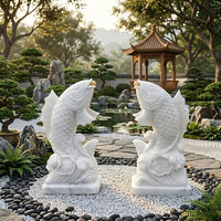 Hand-Carved Natural White Marble Carp Fish Statues - Pair of 39