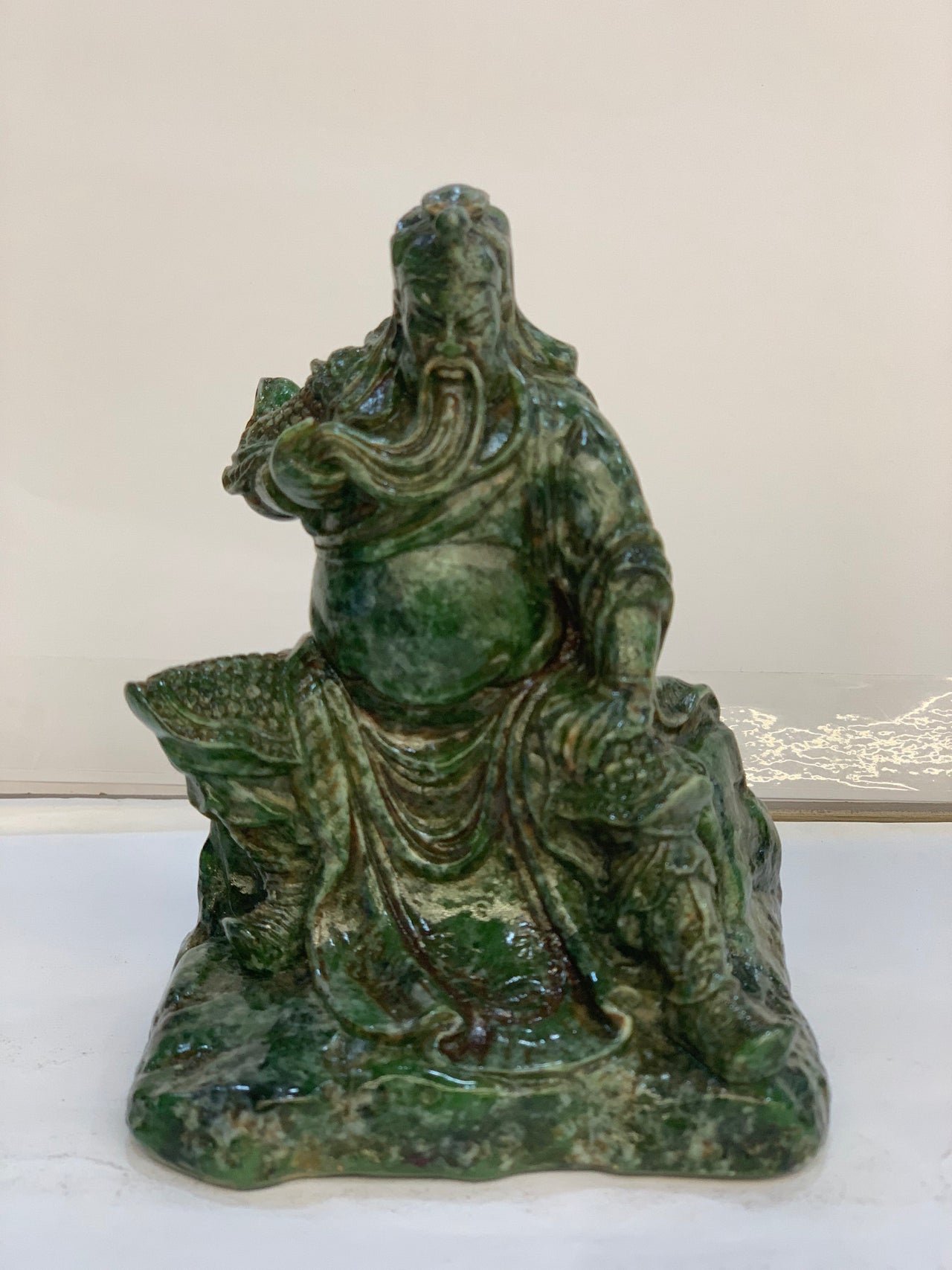 Hand-Carved Natural Landscape Jade Guan Gong Statue - 3.9" Feng Shui Wealth & Protection General Sculpture for Office Desk & Car Dashboard (Included Express Air Shipping)