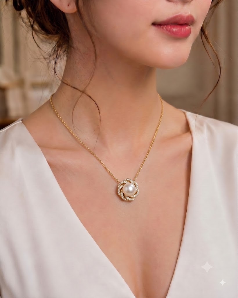 Pave Swirl Gold Pearl Pendant Necklace for Women, Luxury Self-Purchase Jewelry, Classic Woven Necklace