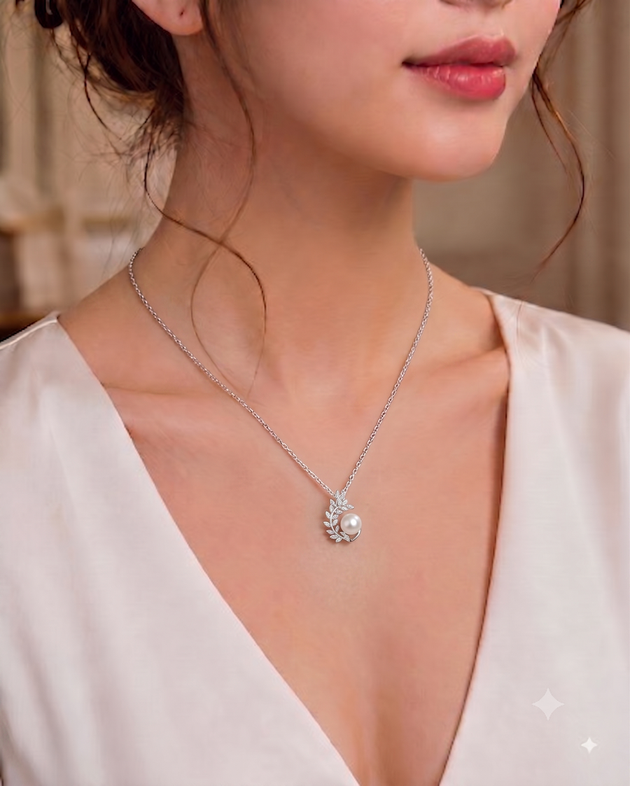 White Pearl Olive Branch Necklace for Women, Elegant Nature-Inspired Pendant Jewelry, Self-Love Gift