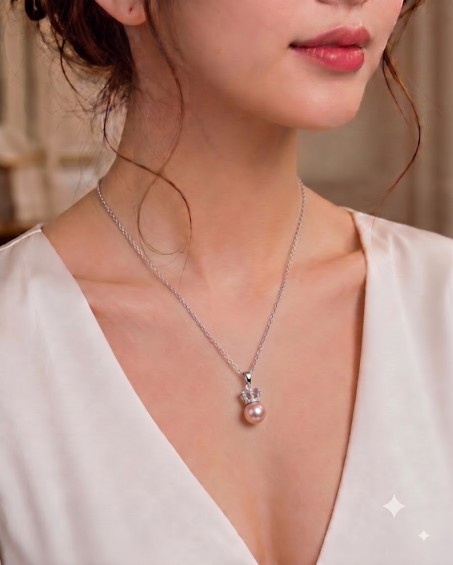Pink Pearl Crown Pendant Necklace for Women, Luxury Self-Reward Jewelry Gift, Elegant Crown Necklace for Yourself