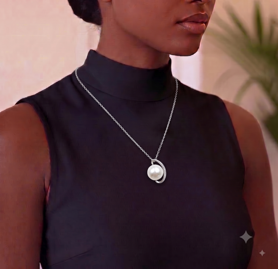 White Pearl Orbit Pendant Necklace for Women, Luxury Self-Reward Jewelry Gift, Modern Celestial Pendant for Yourself