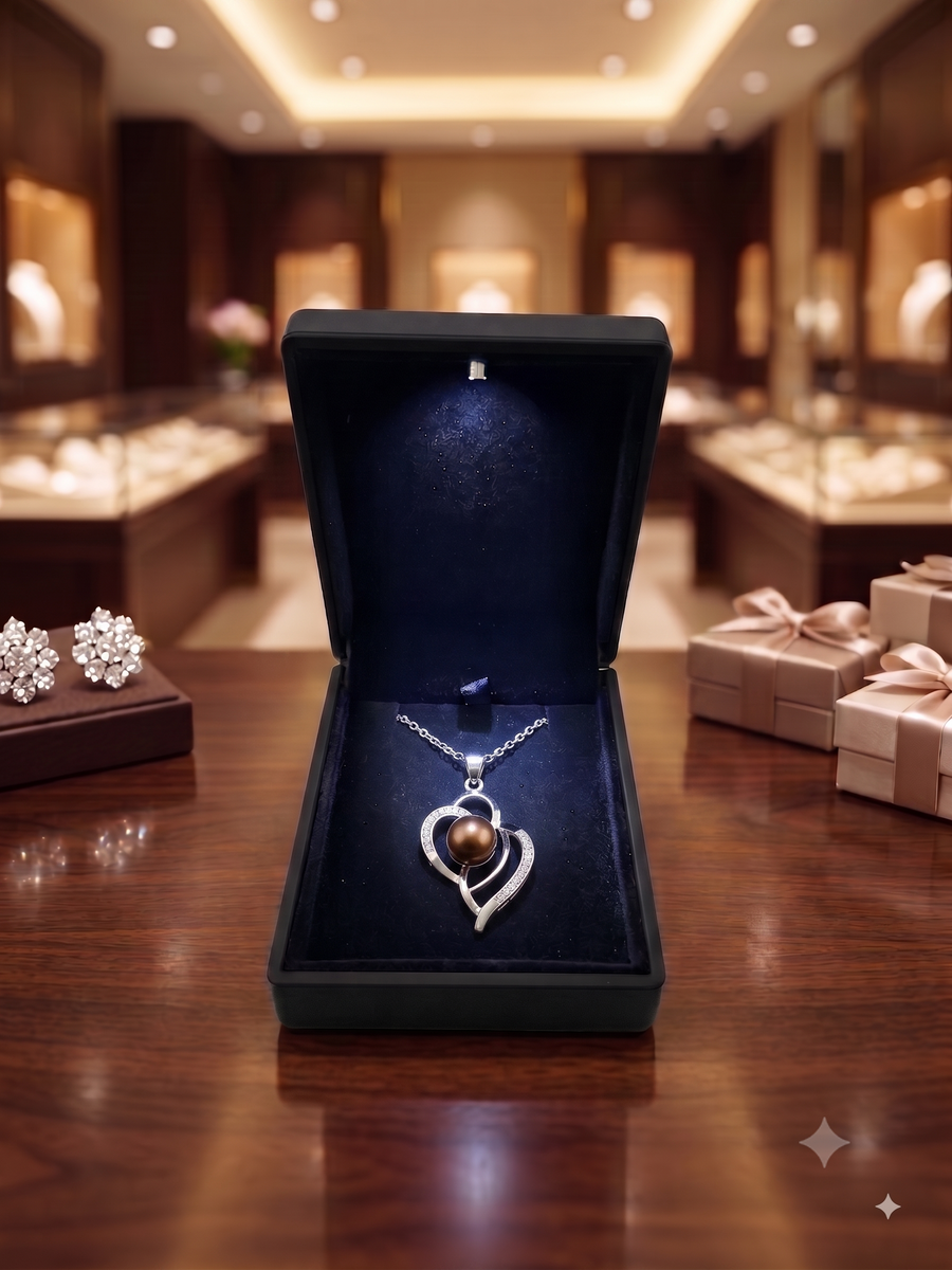 Dark Grey Pearl Heart Pendant Necklace for Women, Luxury Self-Reward Jewelry Gift, Elegant Interlocking Heart Necklace for Yourself