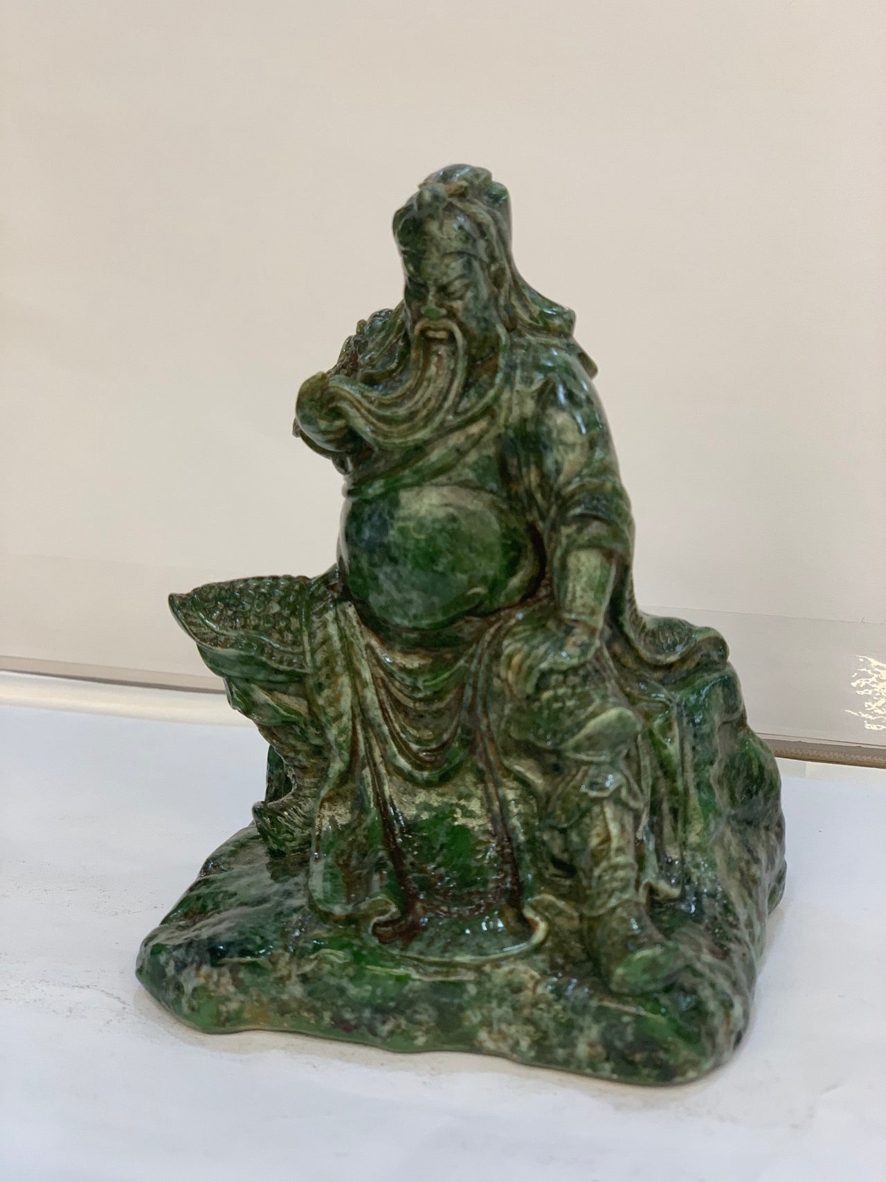 Hand-Carved Natural Landscape Jade Guan Gong Statue - 3.9" Feng Shui Wealth & Protection General Sculpture for Office Desk & Car Dashboard (Included Express Air Shipping)
